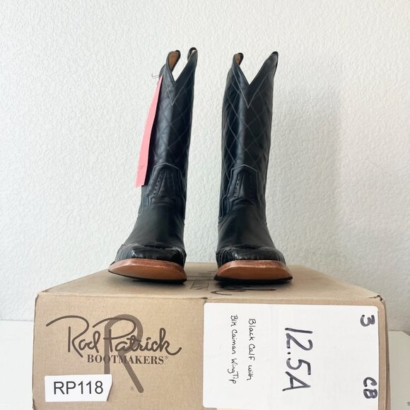 NEW Rod Patrick Mens Cowboy Boots 12.5A Black Caiman Western Square Toe Wing Tip - Picture 11 of 12